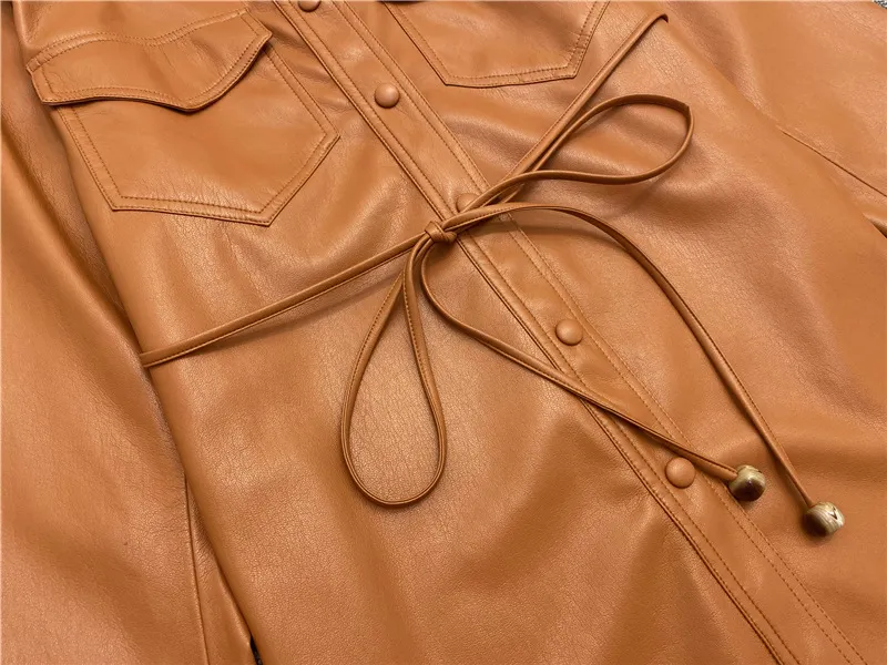 Niche artificial leather shirt women's single breasted drawstring long sleeve leather jacket-vocosishoes