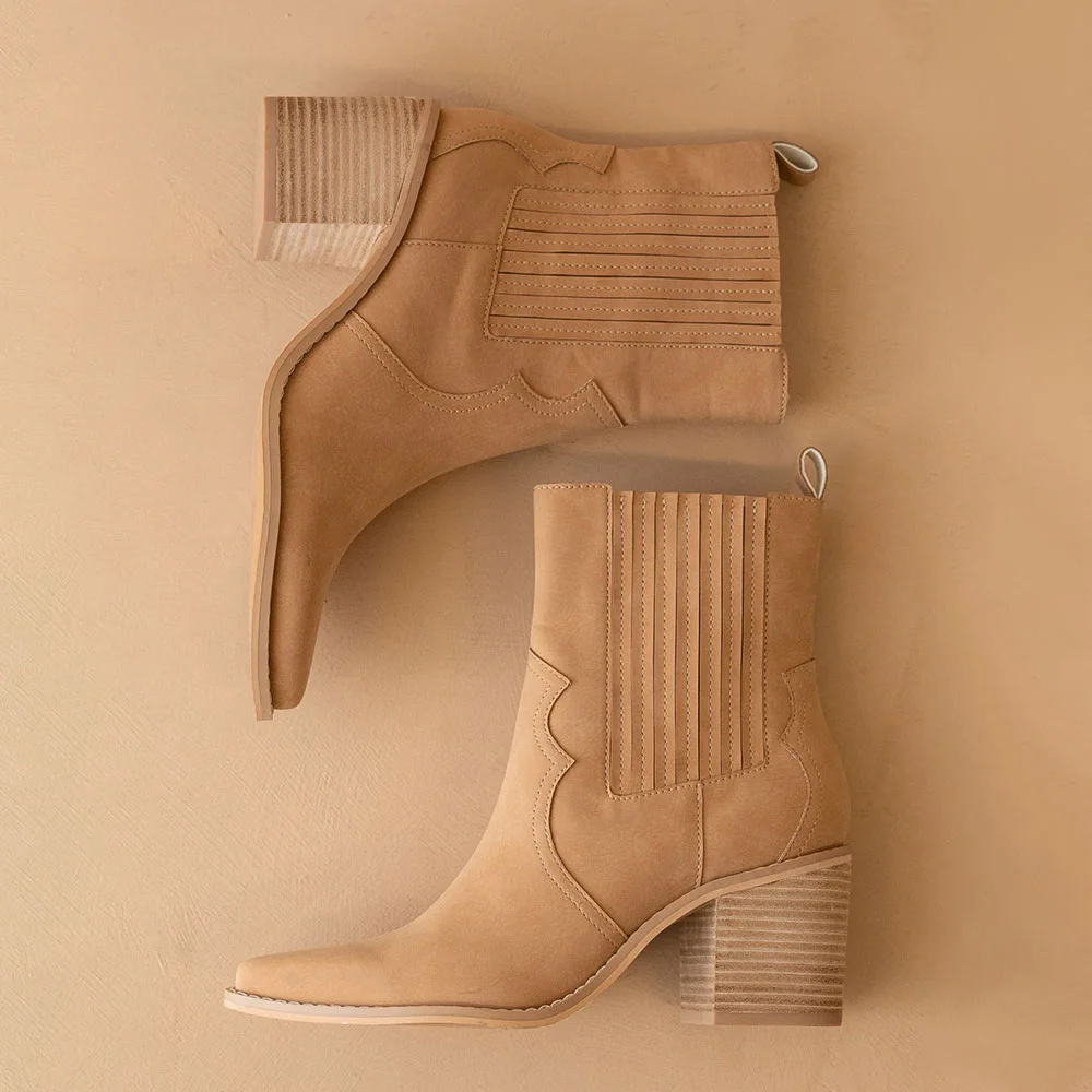 Tan Pointed Toe Embroidered Pull On Ankle Cowgirl Boots for Women