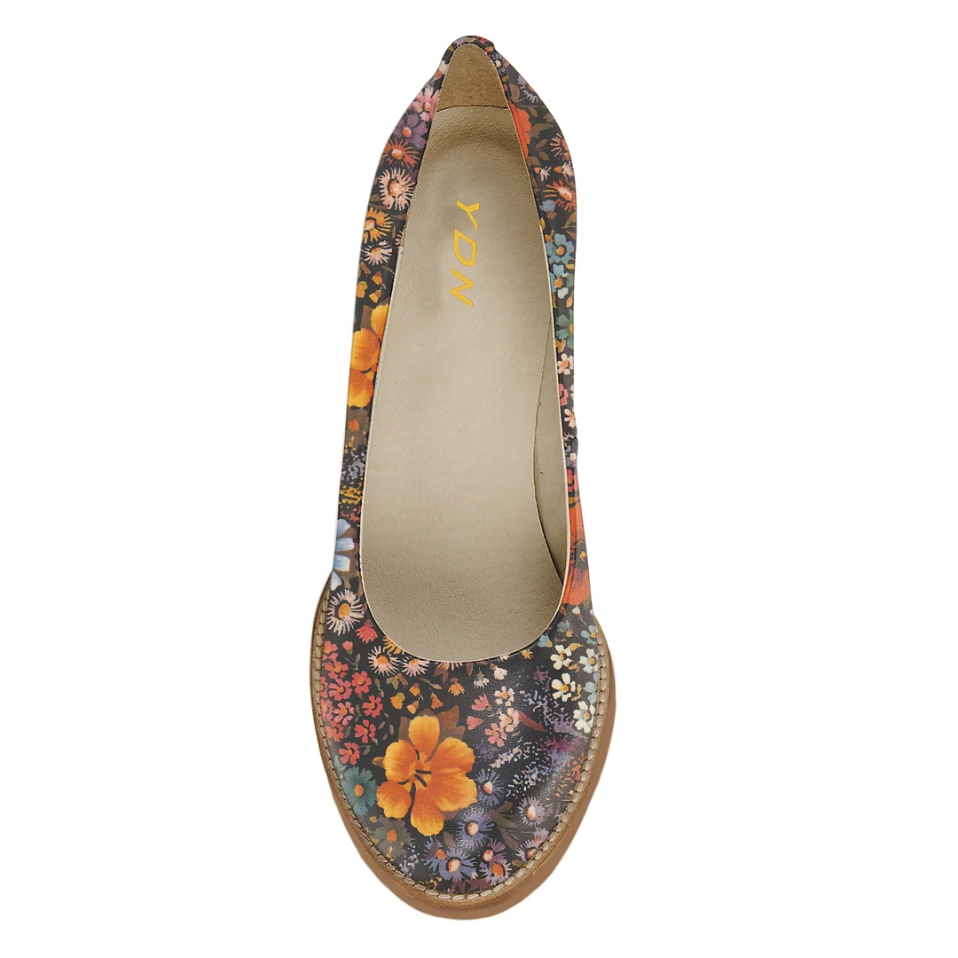 Colorful Floral Print Vegan Leather Elegant Pumps with Chunky Heels