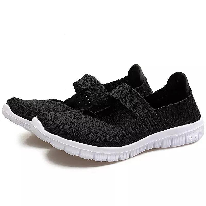 WHNB Women's Loafers Casual Shoes 2021 Spring Comfortable Sneakers Woven Breathable Flat Shoes Outdoor Hook&Loop Slip