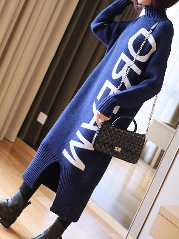 Letter Printed High Neck Sweater Dress