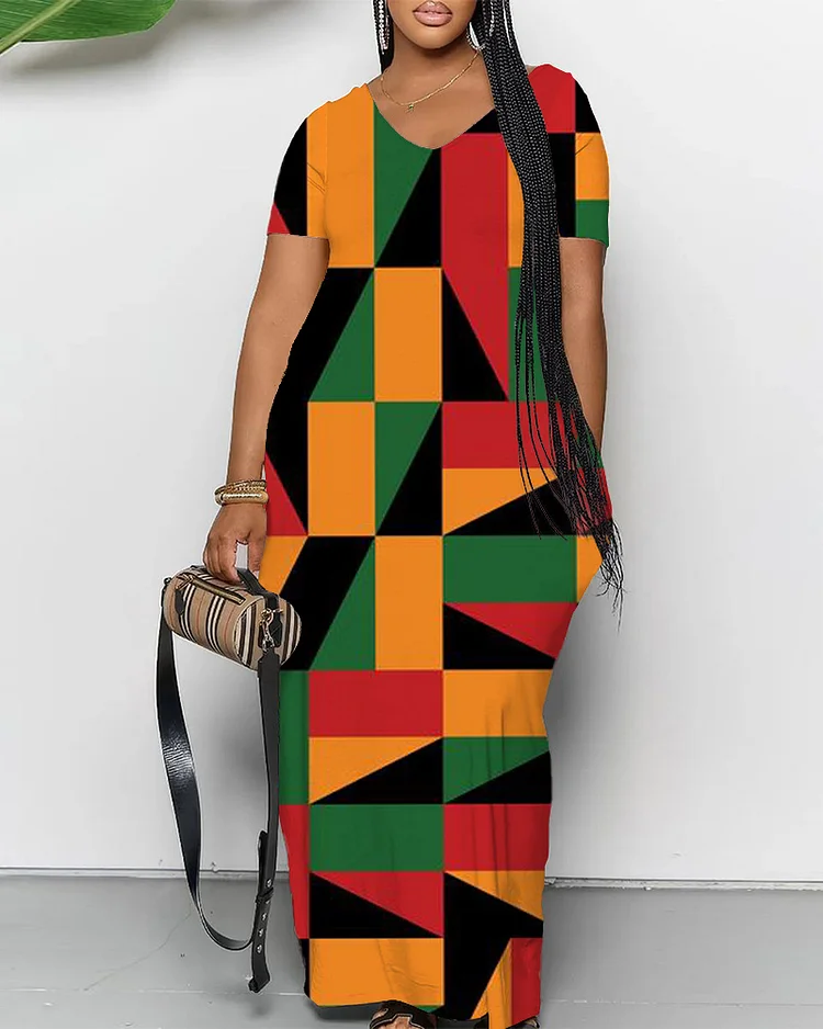 Black History Month Geometric Color Blocks V-Neck Short-Sleeved Maxi Dress