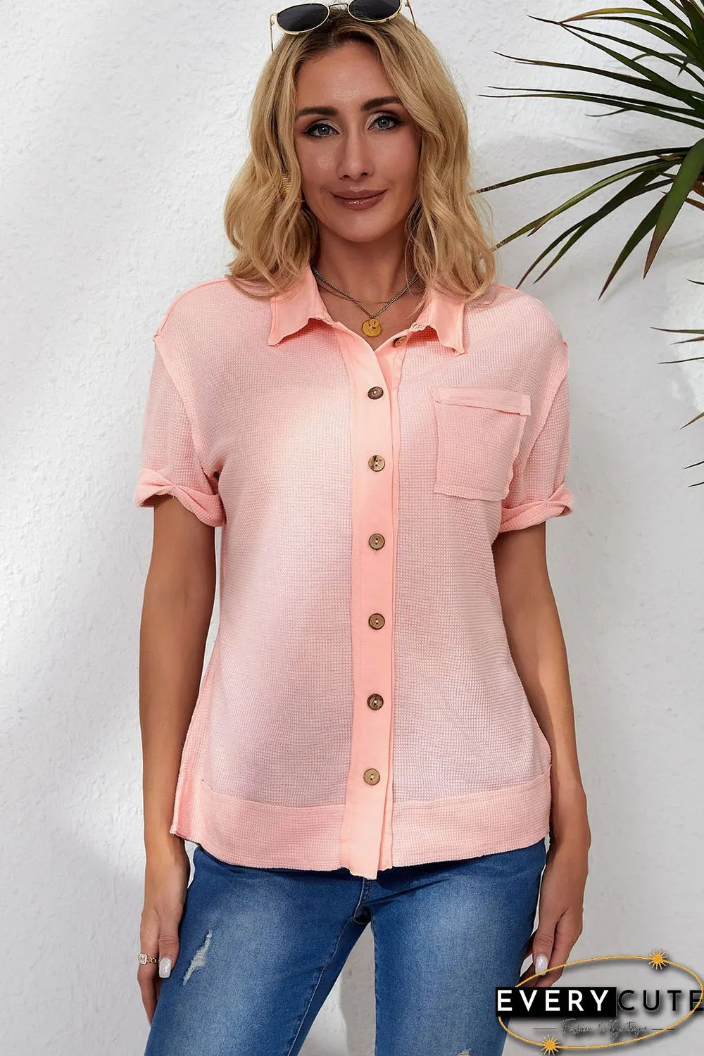 Pink Acid Wash Waffle Knit Short Sleeve Buttoned Shirt