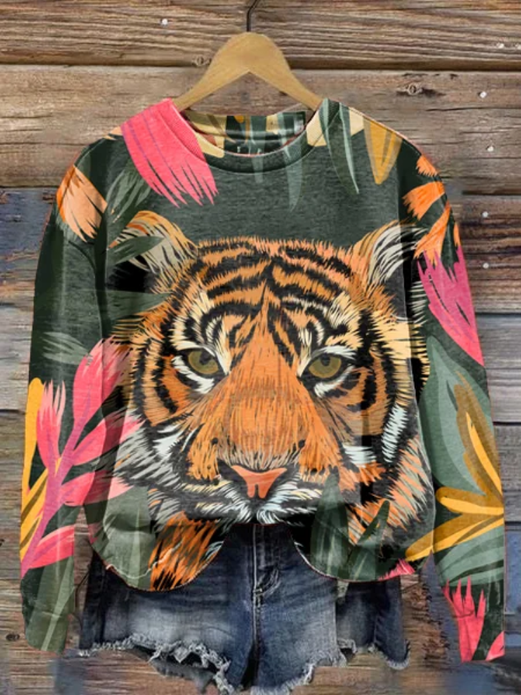 Women's Tiger Floral Print Long Sleeve Crewneck Sweatshirt