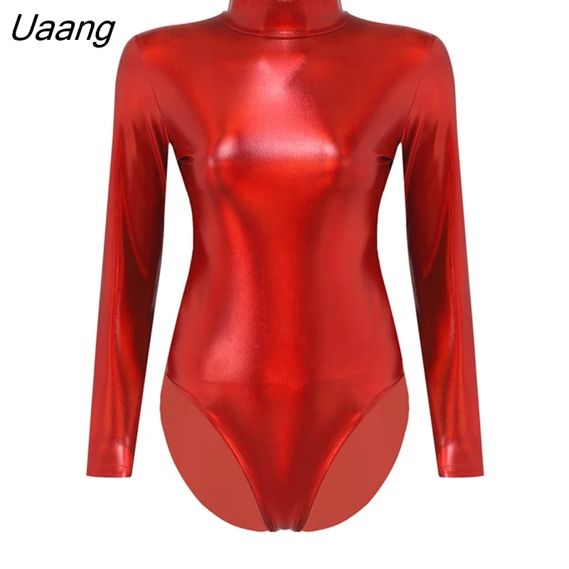 Uaang Women Shiny Metallic Long Sleeves Gymnastics Leotard Bodysuit Nightclub Party Festival