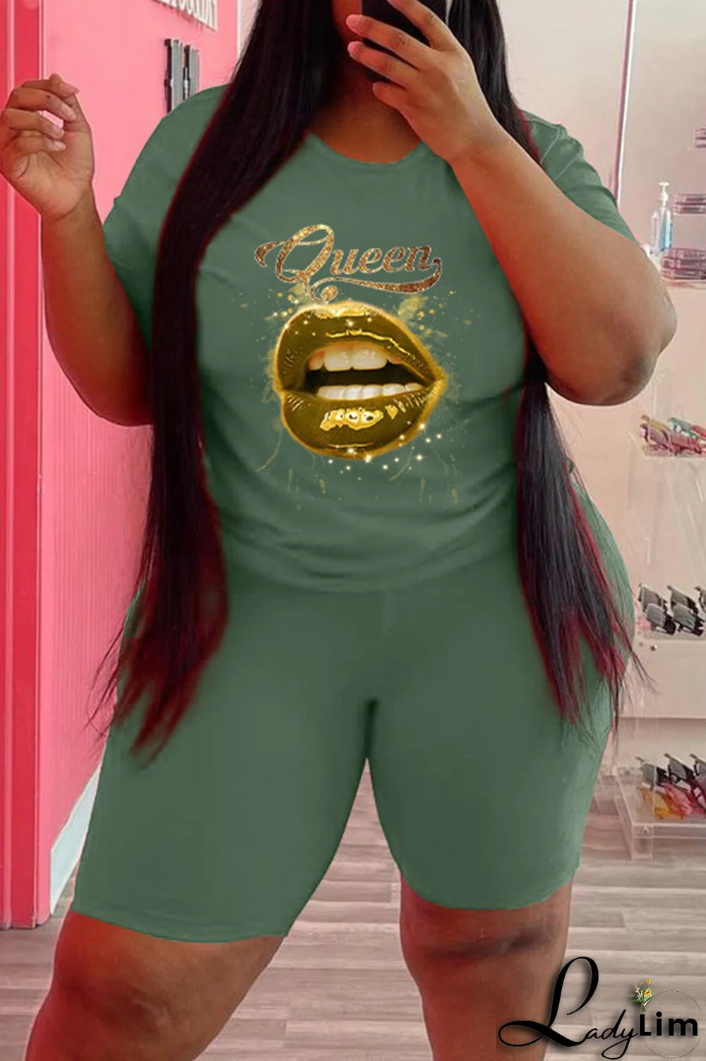 Black Fashion Casual Lips Printed Basic O Neck Plus Size Two Pieces