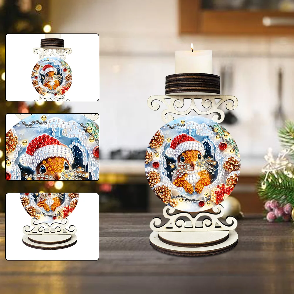 5D DIY Squirrel Wooden Special Shaped Christmas Theme Diamond Painting Candle Holder