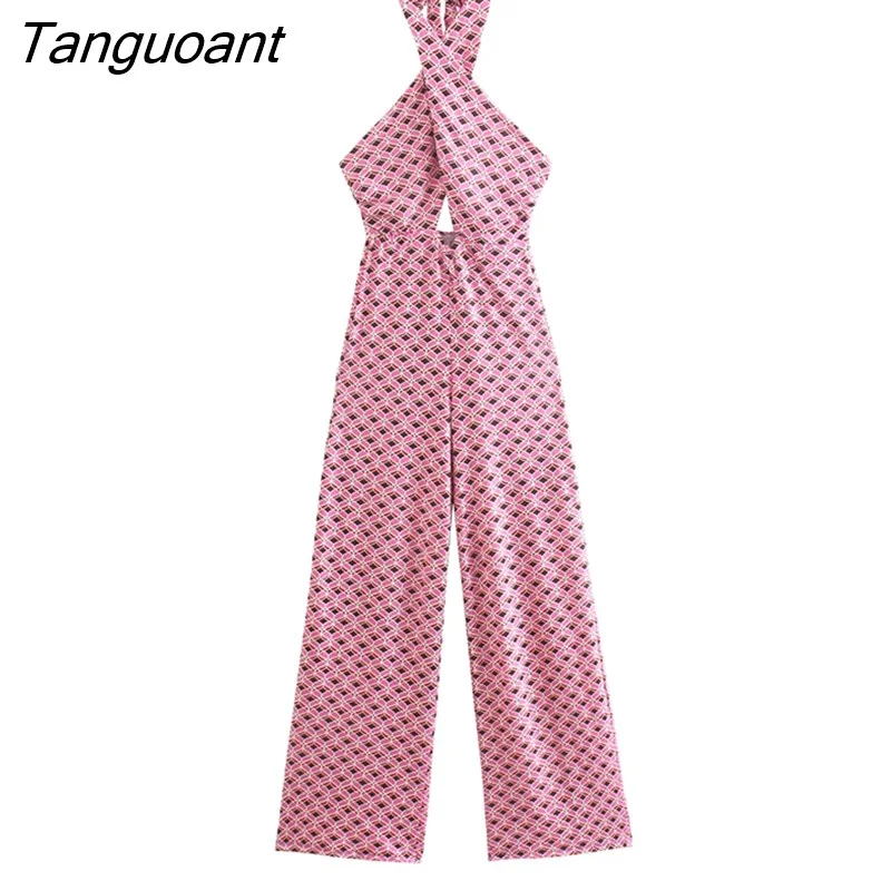 Tanguoant Geometric Print Summer summer Backless Jumpsuit Sleeveless Halter Wide Leg Pink Pants Overalls Front Cut Retro Jumpsuit