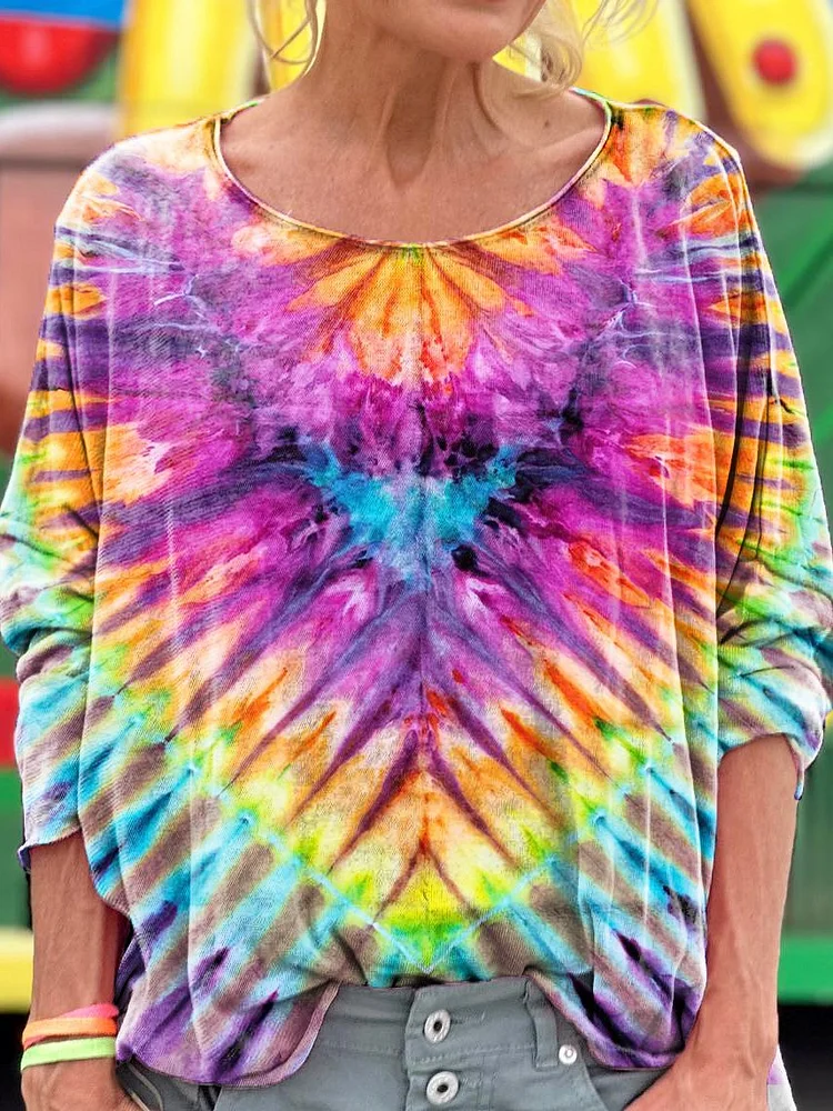 The Psychedelic Tie-Dye Printed Loose Round Neck Women's Long Sleeve T-Shirt