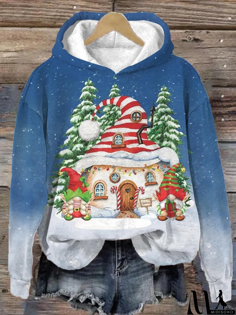 MidiSono - Women's Snowing Gnome House Print Hoodie