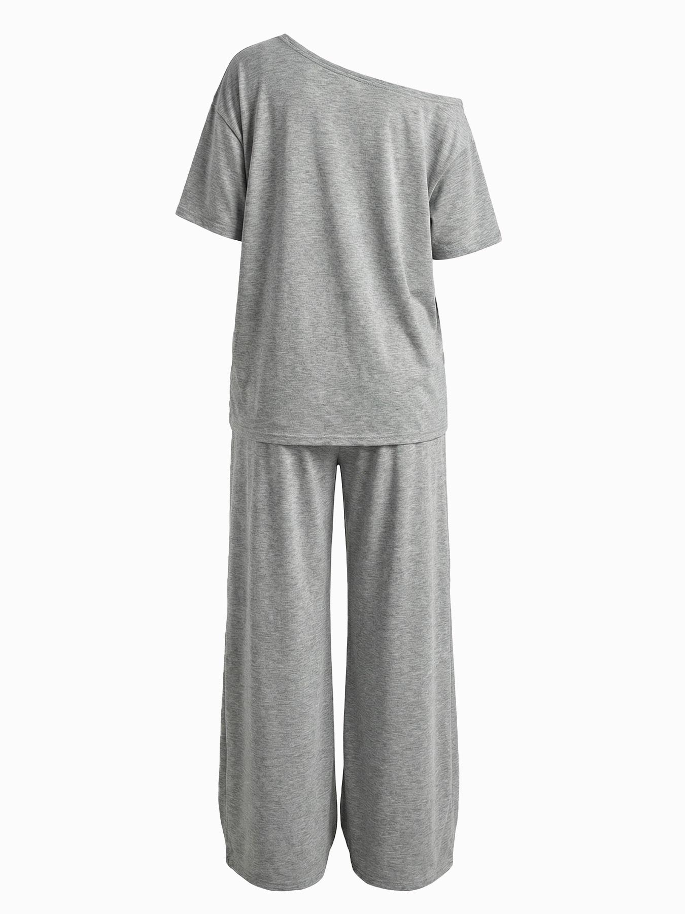 2pcs/Set Women's Minimalist Basic Casual Daily Wear Everyday Going Out Sport Comfortable Baggy Off Shoulder T-Shirt And Wide Leg Pants Two Pieces Outfits