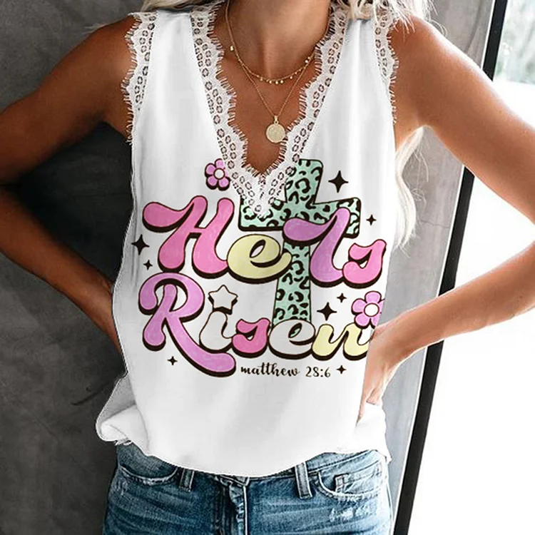 Easter Print Lace Tank Top