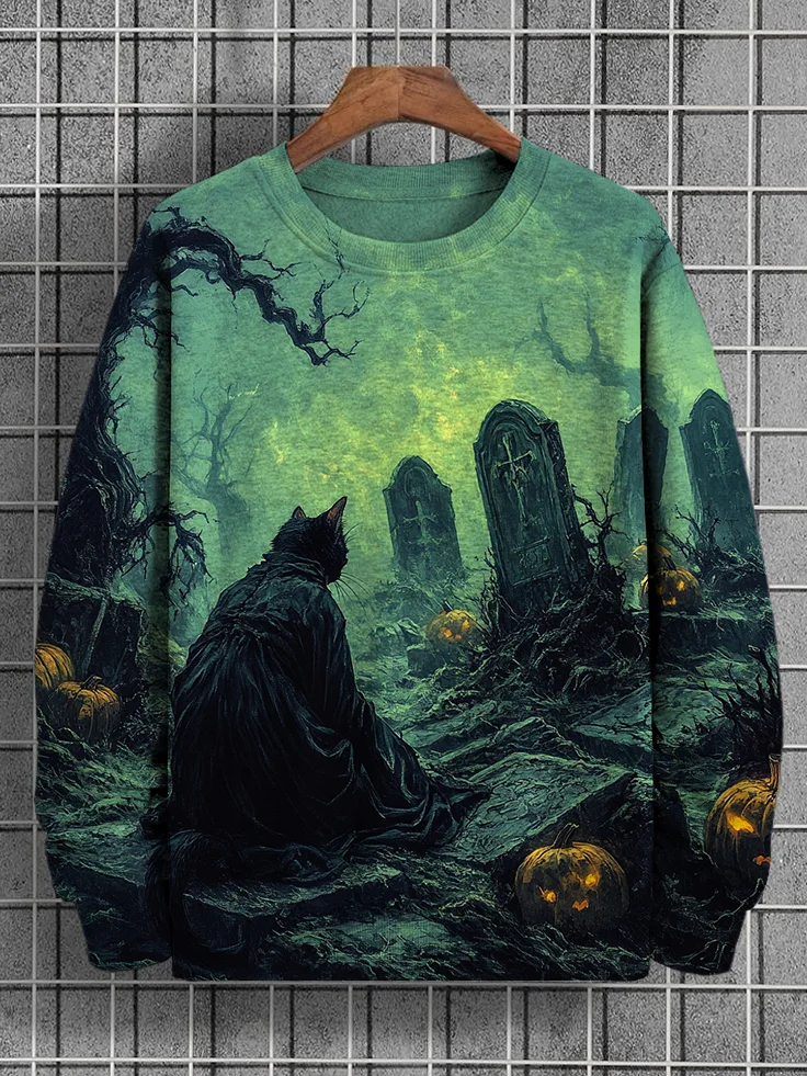 Men's Cat Wizard In The Graveyard At Night Print Sweatshirt