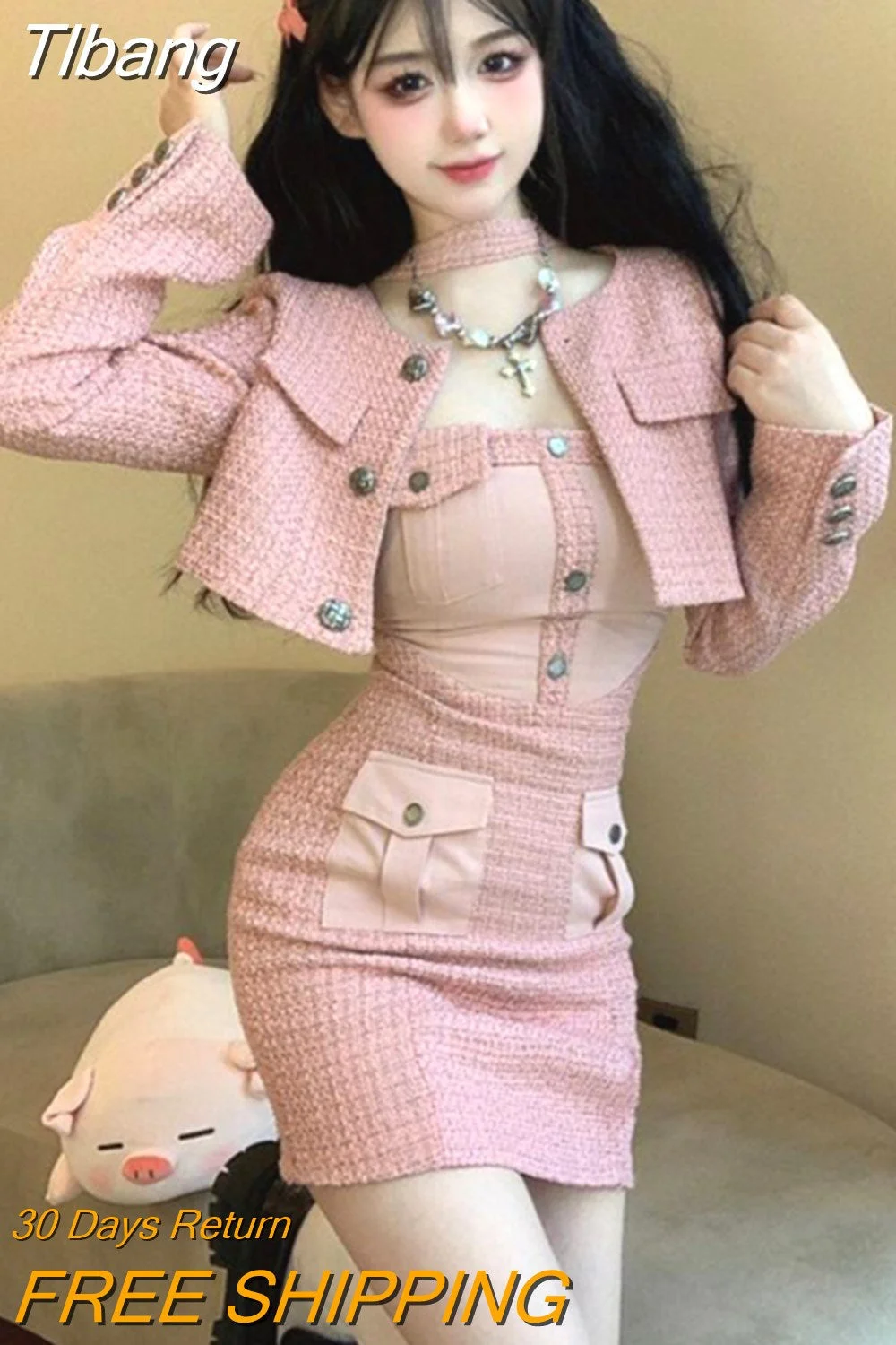 Tlbang Pink Elegant Two Piece Skirt Set Women Sexy Patchwork Y2k Mini Dress Suit Female Casual Korean Fashion Designer Set 2023