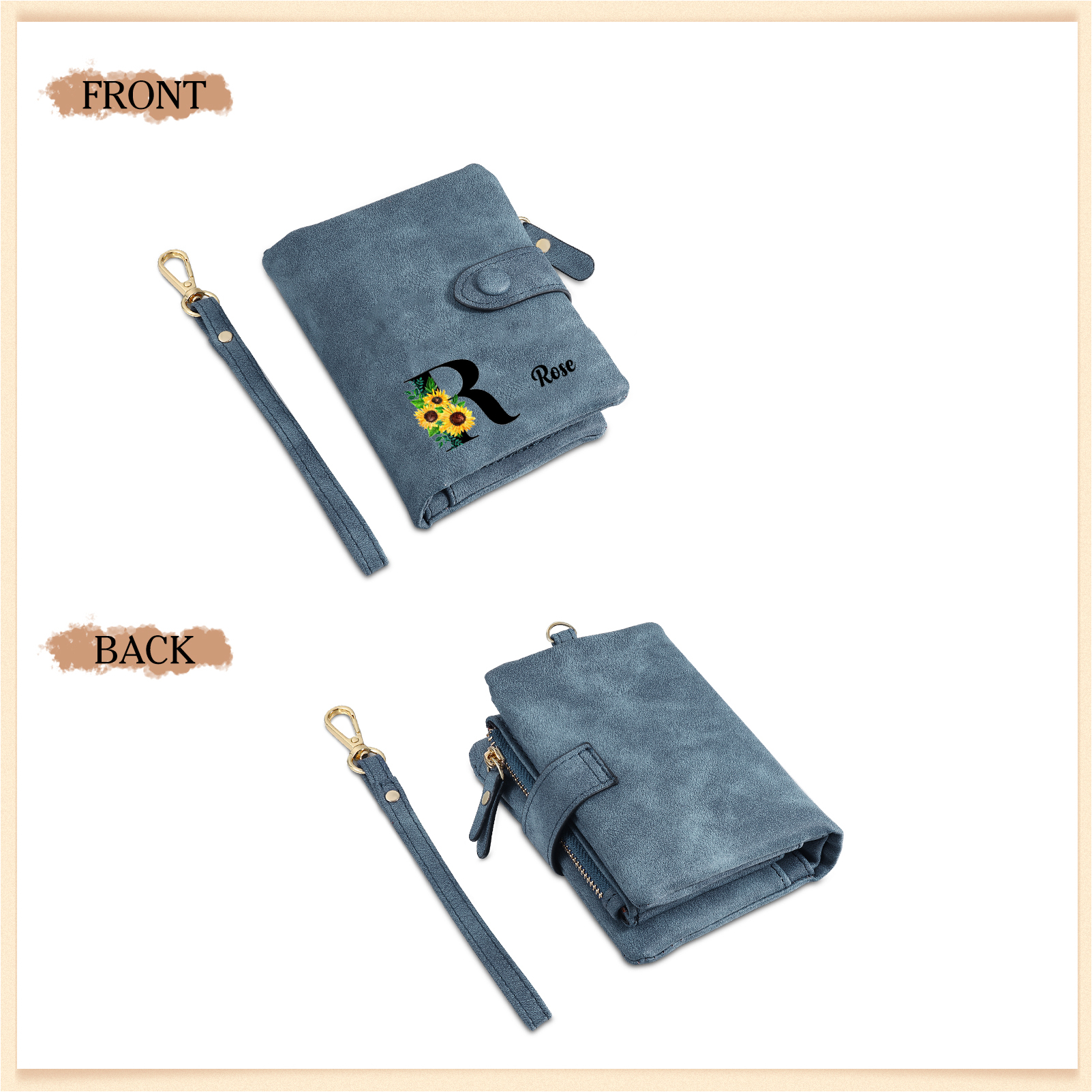 Portafoglio in PU pelle girasole con 1 letetra & 1 testo & 1 nome & 1 foto personalizzati per mamma/nonna