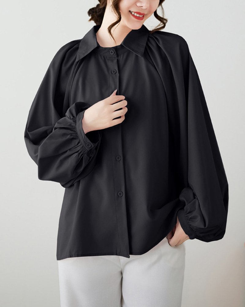 Single Breasted Long Sleeve Lapel Solid Color Shirt