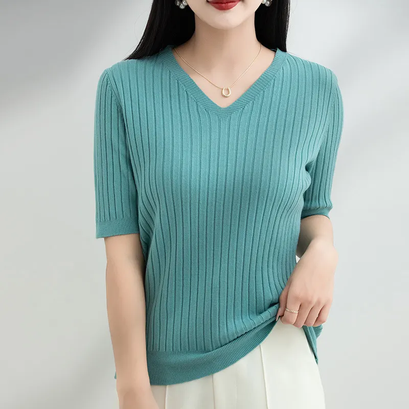 Churchf Churchf The Summer Of 2024, Women's Knit Short Sleeve Korean V-Neck Solid Color T-Shirt And A Pit Top