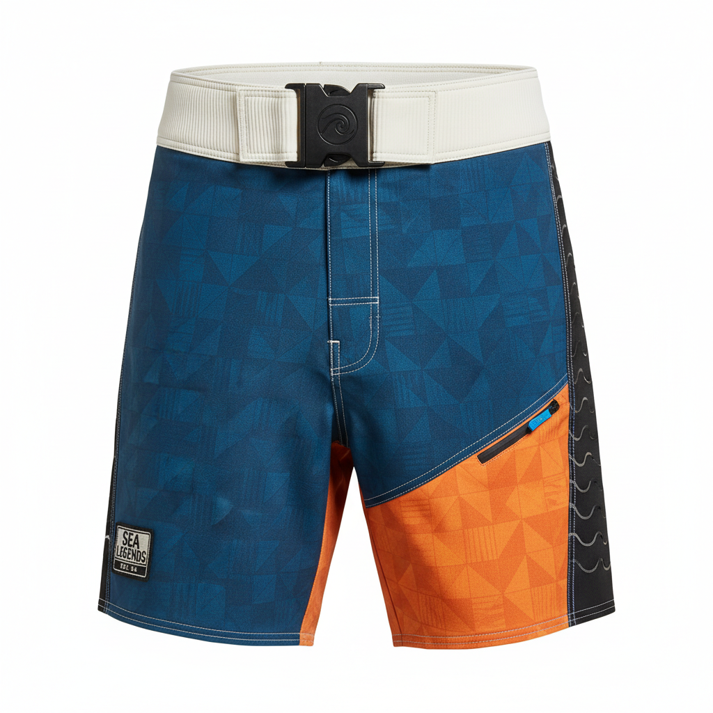 thesupersurf Blue and Orange Geometric Patterned Boardshorts with Adjustable Waistband 
