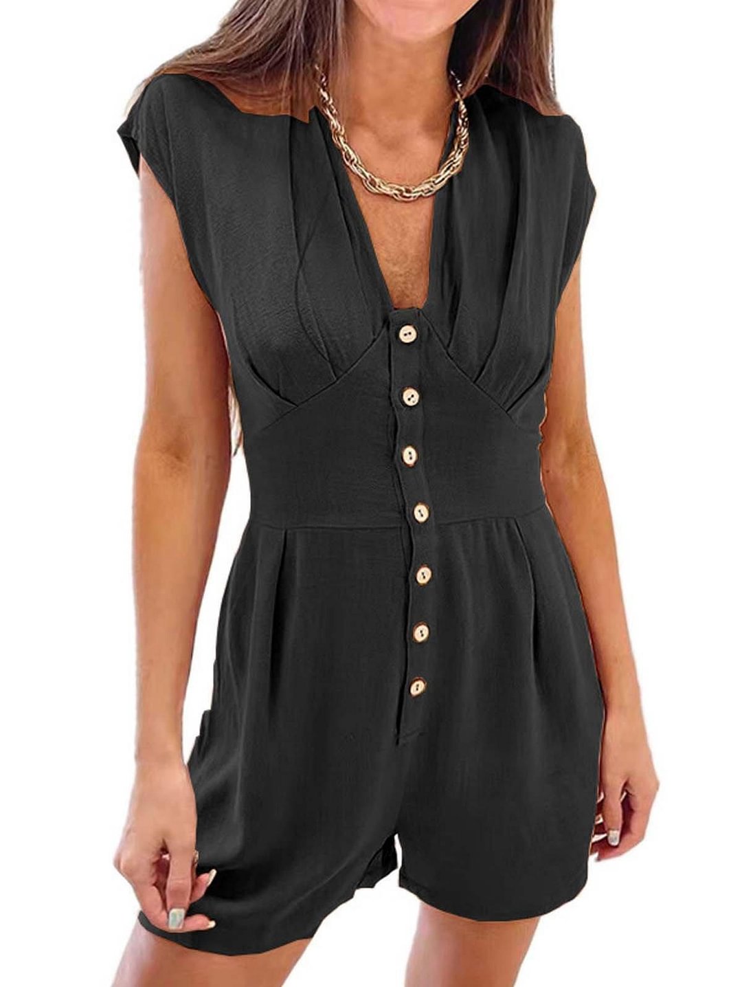 Plain V Neck Patchwork Button Romper