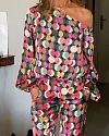 Polka Dot Print One Shoulder Long Sleeve Top & Pants Two Piece Set