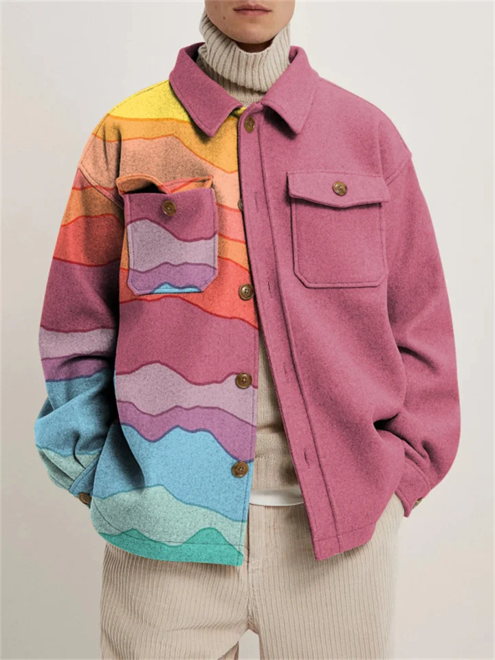 Loose Casual Men's Jacket Colorful Geometric Pattern Color Blocking Lapel Long Sleeve Single-breasted Jacket