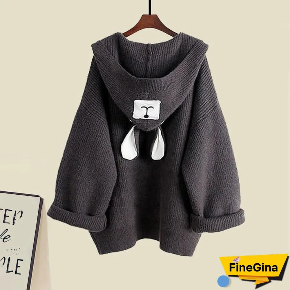 Bear Ears Hooded Cardigan Sweater Belted Lapel A-line Dress