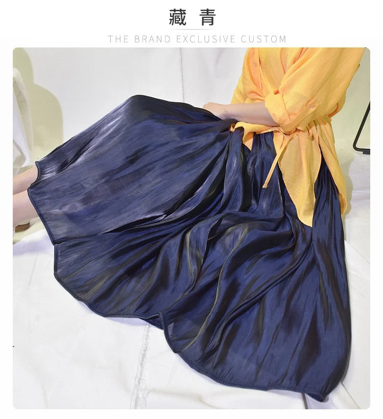 Huibahe Summer Pleated Skirt High-waisted Smooth Loose Long Midi Skirt Faldas Mujer Saias A-line Solid 12 Colors Skirts QH1995