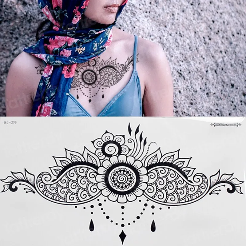 sexy tatoo stickers for girls body art belly stickers jewel tattoo mandala rose flower black henna tattoos breast chest decal