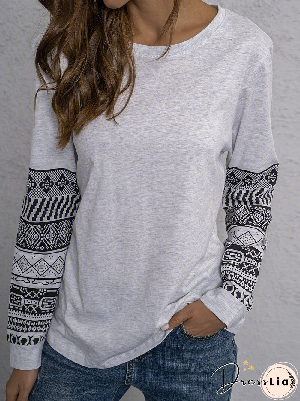 Plus Size Casual Long Sleeve Tribal Tops