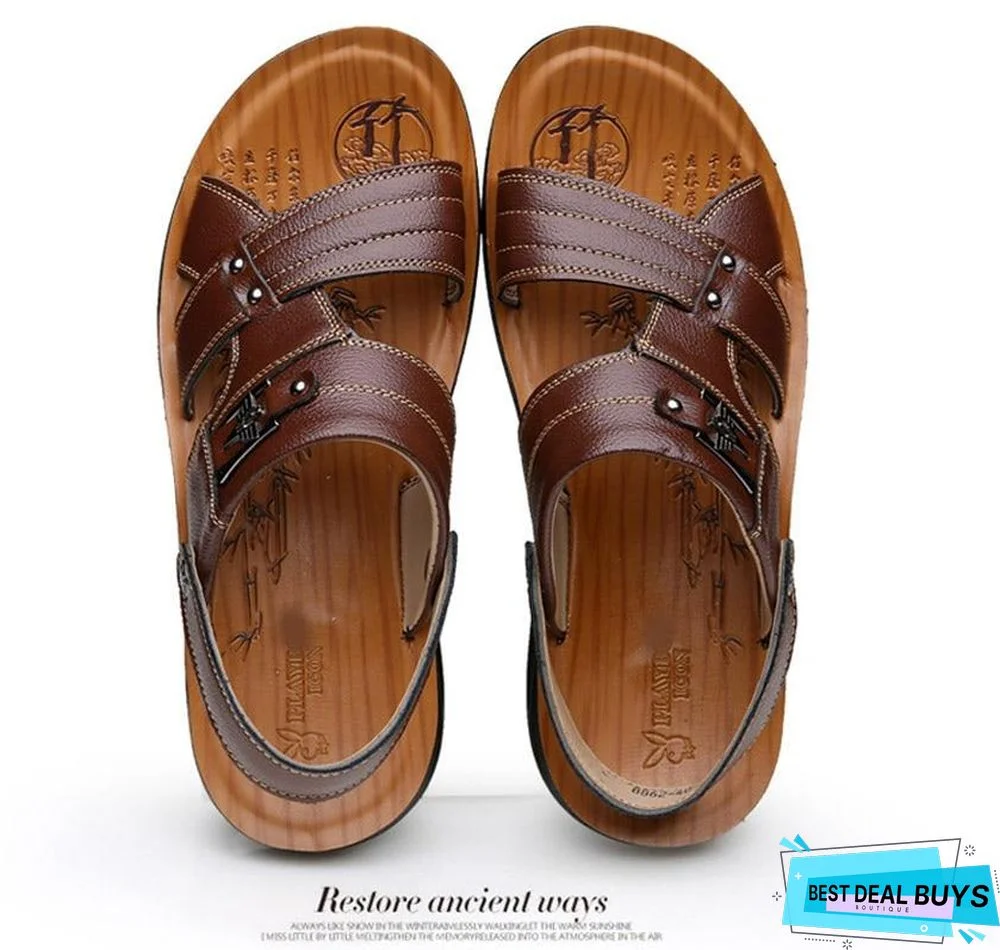 Men's Pu Leather Sandals Non-Slip Casual Beach Flats Flip Flops Sandal Shoes