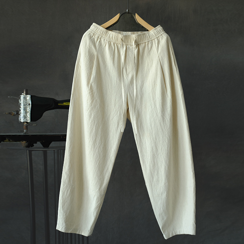 Vintage Beige Loose Cotton And Linen Casual Trousers