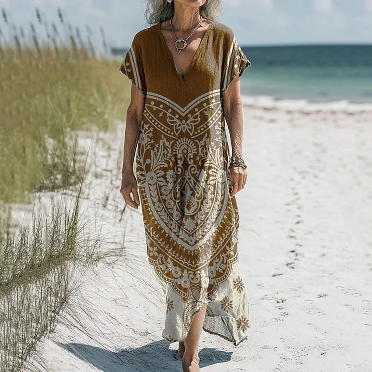 Women's Vintage Floral Art Print V-neck Casual Midi Dress