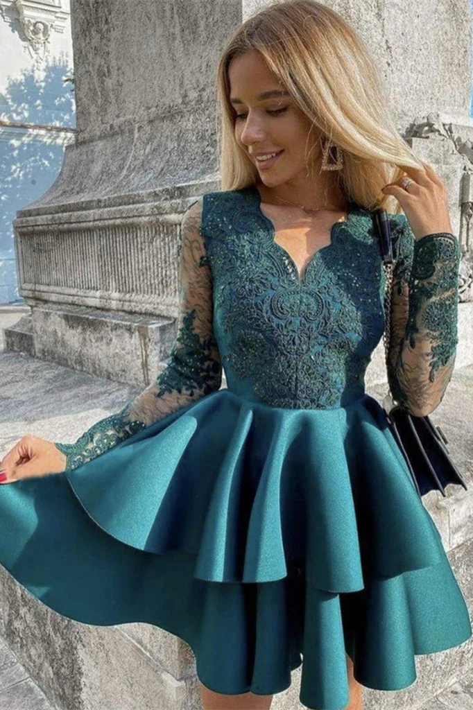 Long Sleeves Short Prom Dress With Appliques PD0390 - AZAZEI