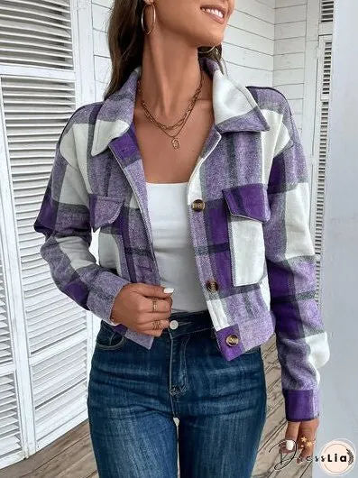 Plaid Button Up Drop Shoulder Cropped Jacket