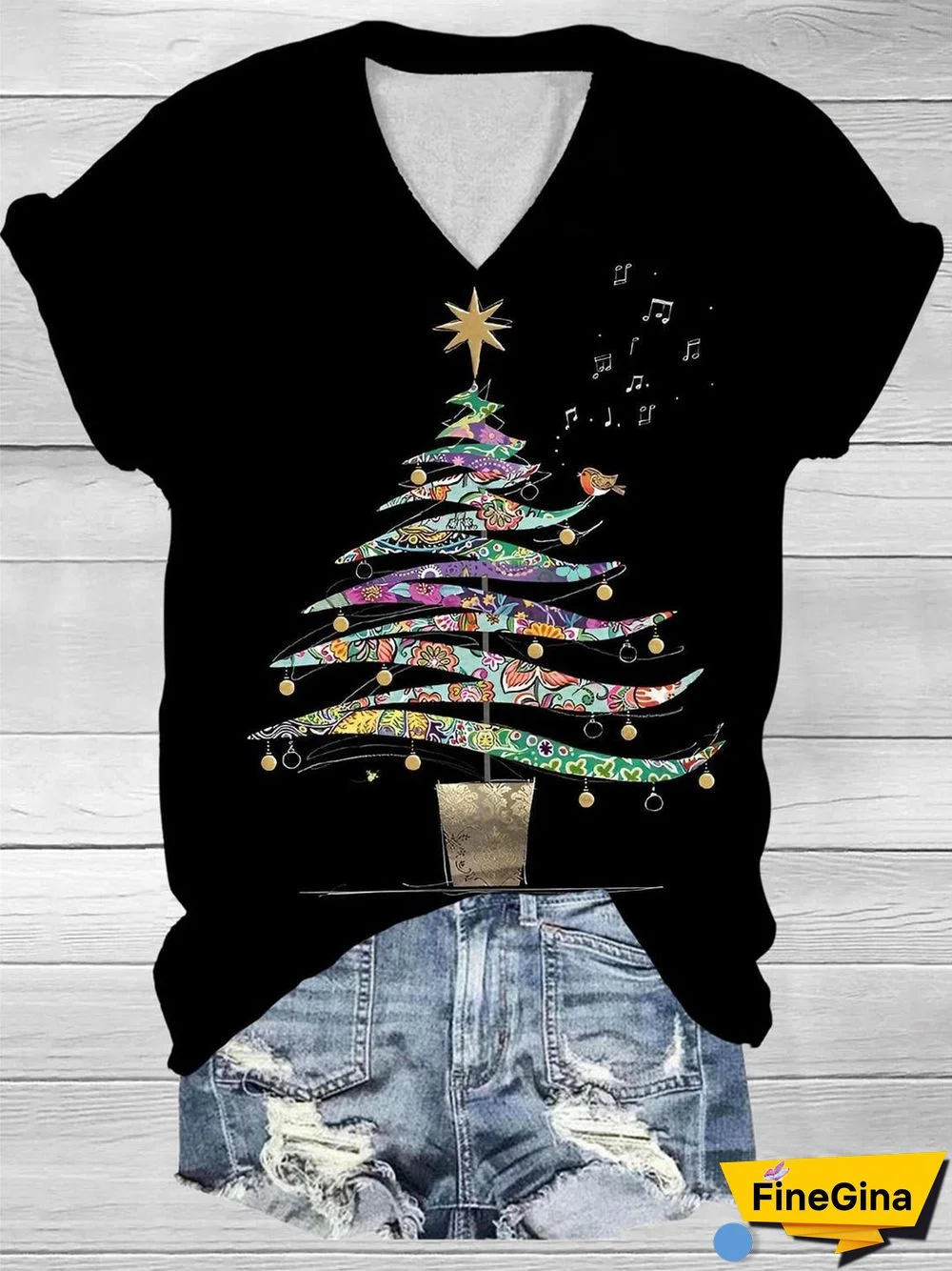 Women'S Vintage Christmas Tree Print V-Neck T-Shirt