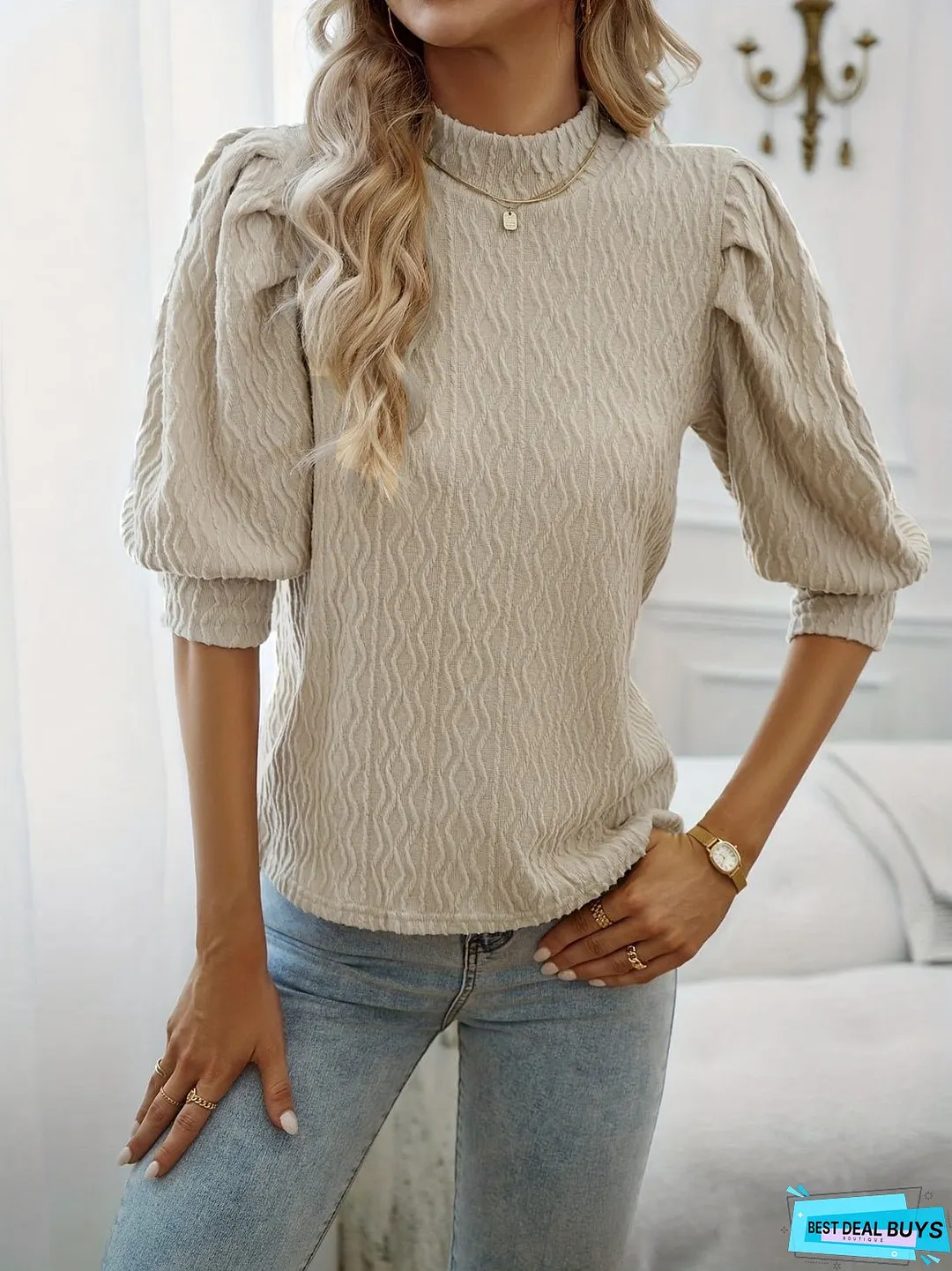 Textured Mock Neck Half Sleeve Blouse