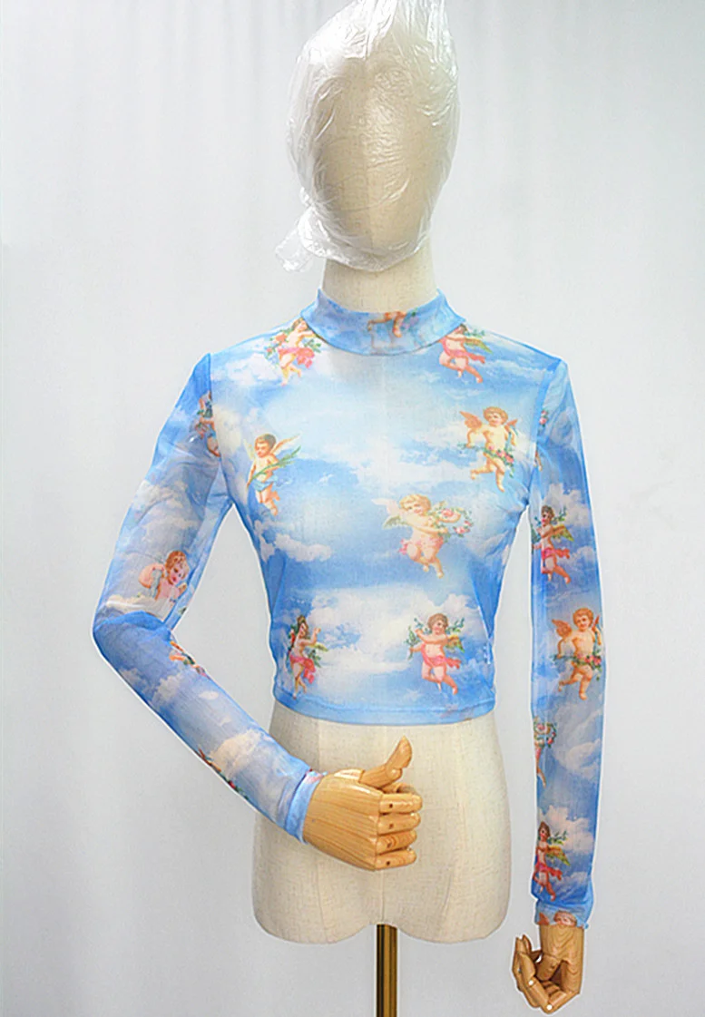 Uveng Uveng Women's Mesh Hollow Out Butterfly Print Long Sleeve Crop Short T-Shirt Bottom Shirt Women