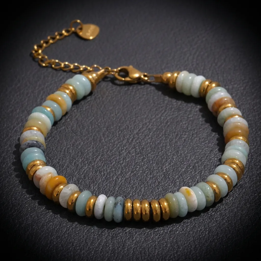 JiStones Artisan Vibrant Natural Stone & Gold Chain Bracelet | Waterproof 18K Gold Plated Natural Amazonite