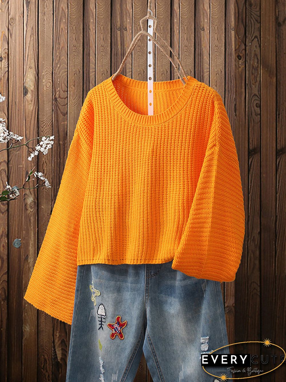 Solid Color O-neck Flare Sleeves Casual Sweater