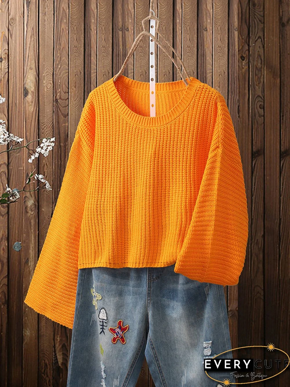Solid Color O-neck Flare Sleeves Casual Sweater