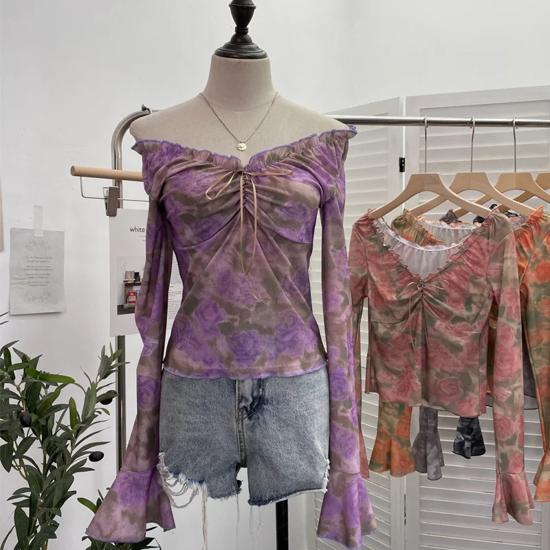 Uveng Vintage Print V-Neck Horn Sleeve Top Wooden Ear Lace With Short-Sleeved Long-Sleeved T-Shirt 9906