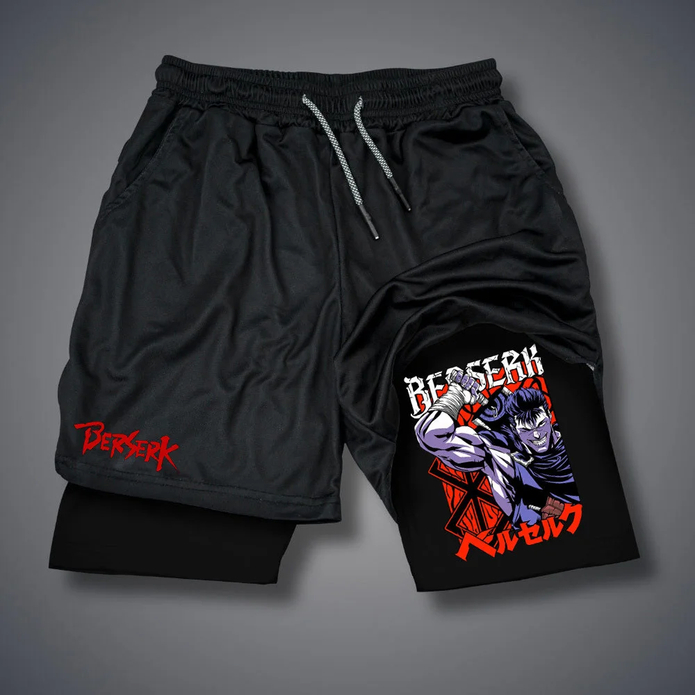 Men's Anime Shorts, Adult Double Layer Beach Shorts, Fitness Pants、、URBENIE