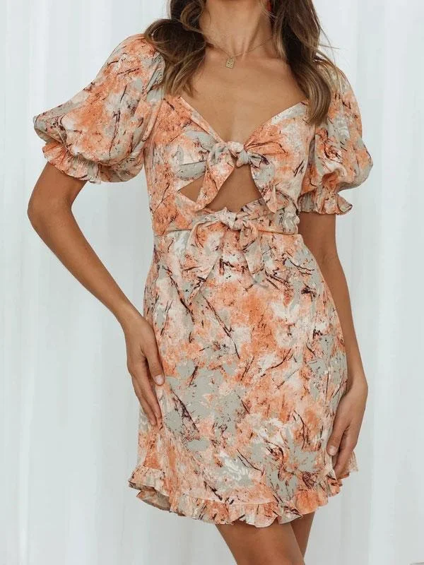 Tie front puff sleeve dress