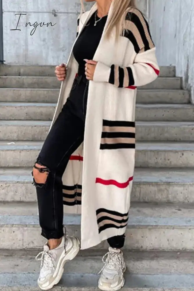 Ingvn - Casual Street Striped Patchwork V Neck Outerwear Cream White / S Outerwear/Knitted Jacket
