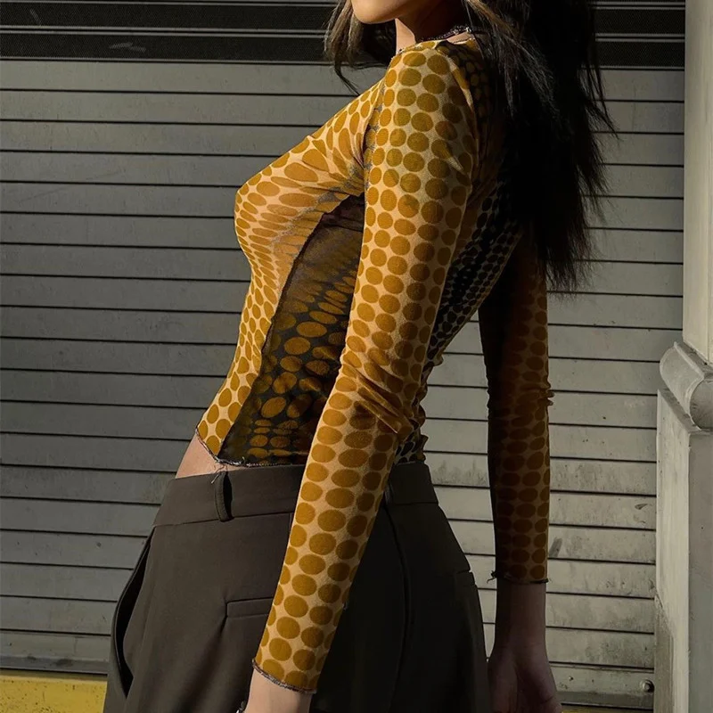 Uveng Uveng New Hot Style Fashion Street Polka Dot Print Slim Crop Long-Sleeve Top T-Shirt Women