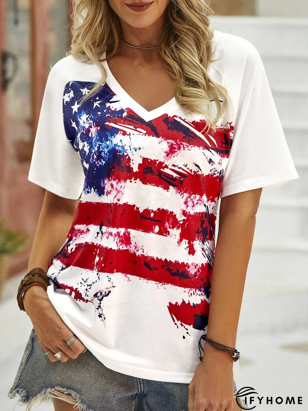 Casual Loosen Flag Printed Short Sleeve T-Shirt | IFYHOME