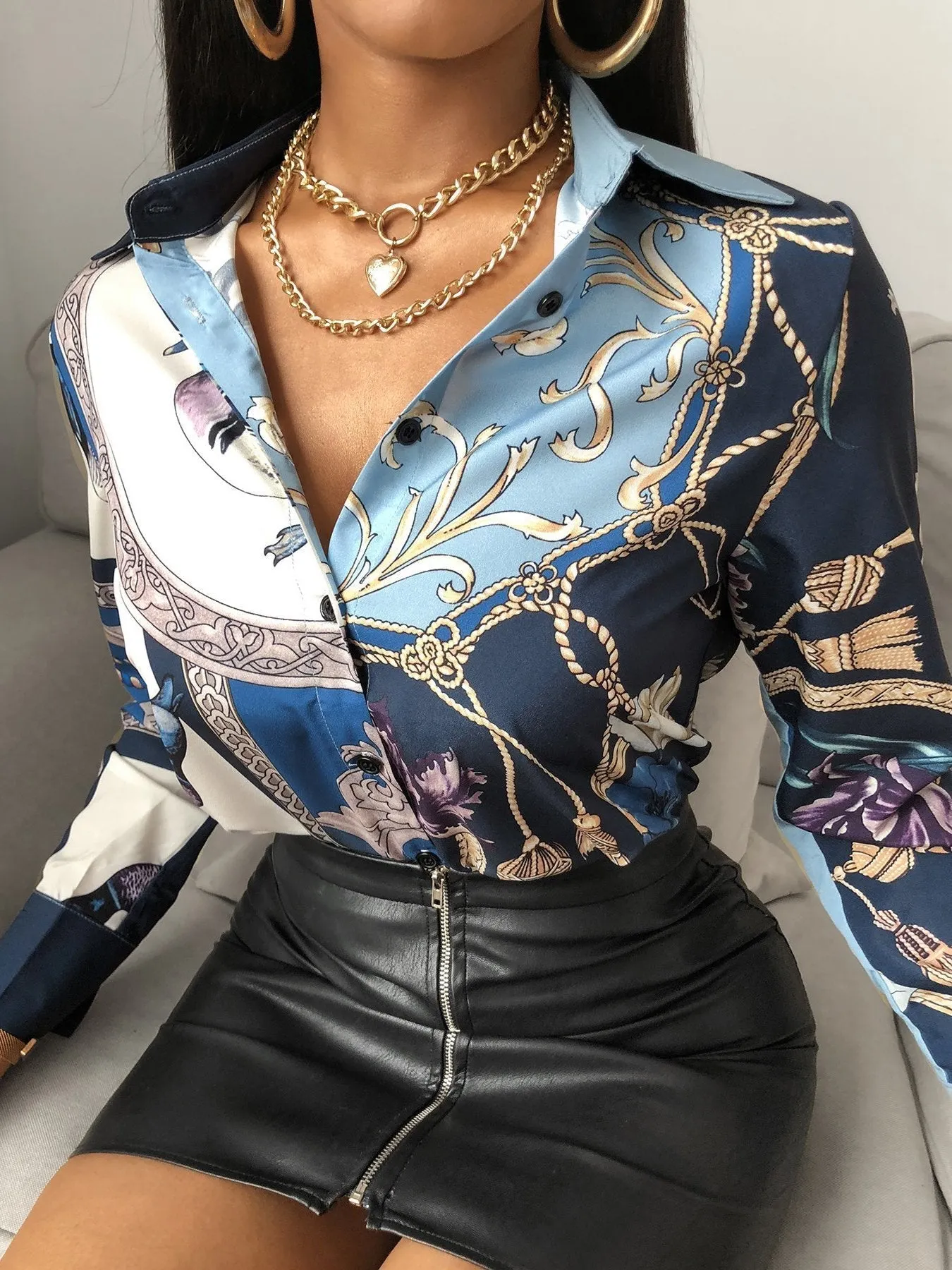 Bird Scarf Print Long Sleeve Shirt for Women