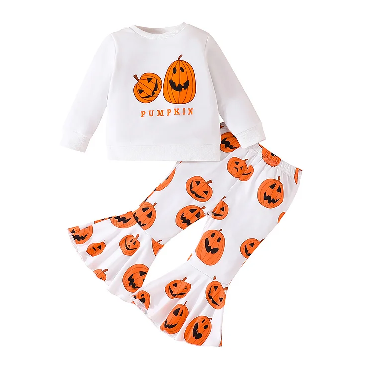 2pcs Baby Girl Hallowen Pumpkin Print Tops and Bell Bottoms Set