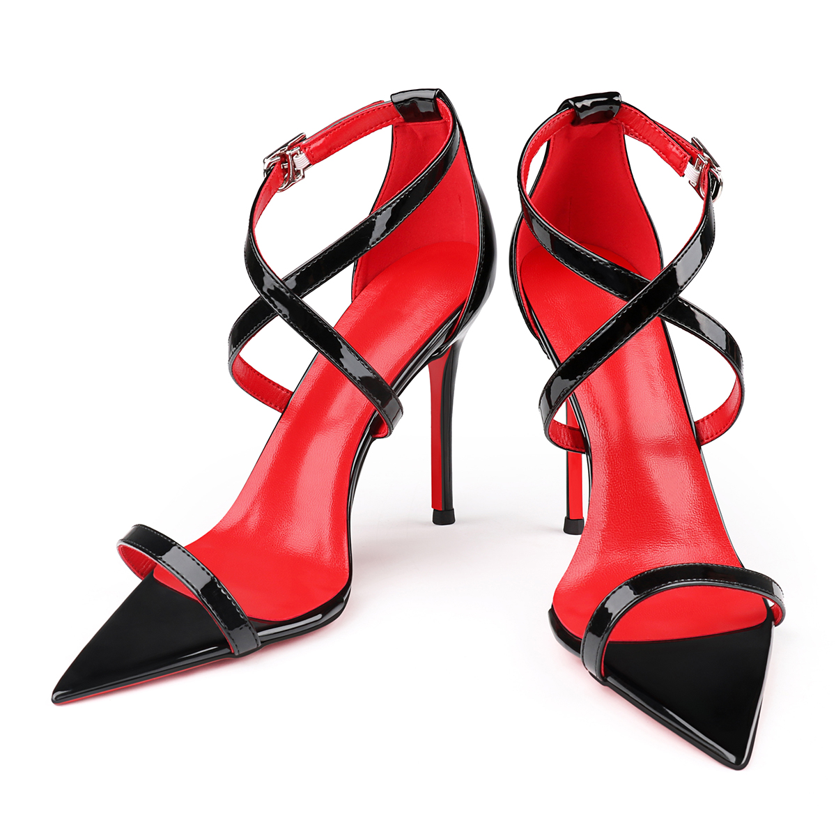100mm Red Lined Thin Cross Strap Pointed Toe High Heels Red Bottom Party Sandals-MERUMOTE