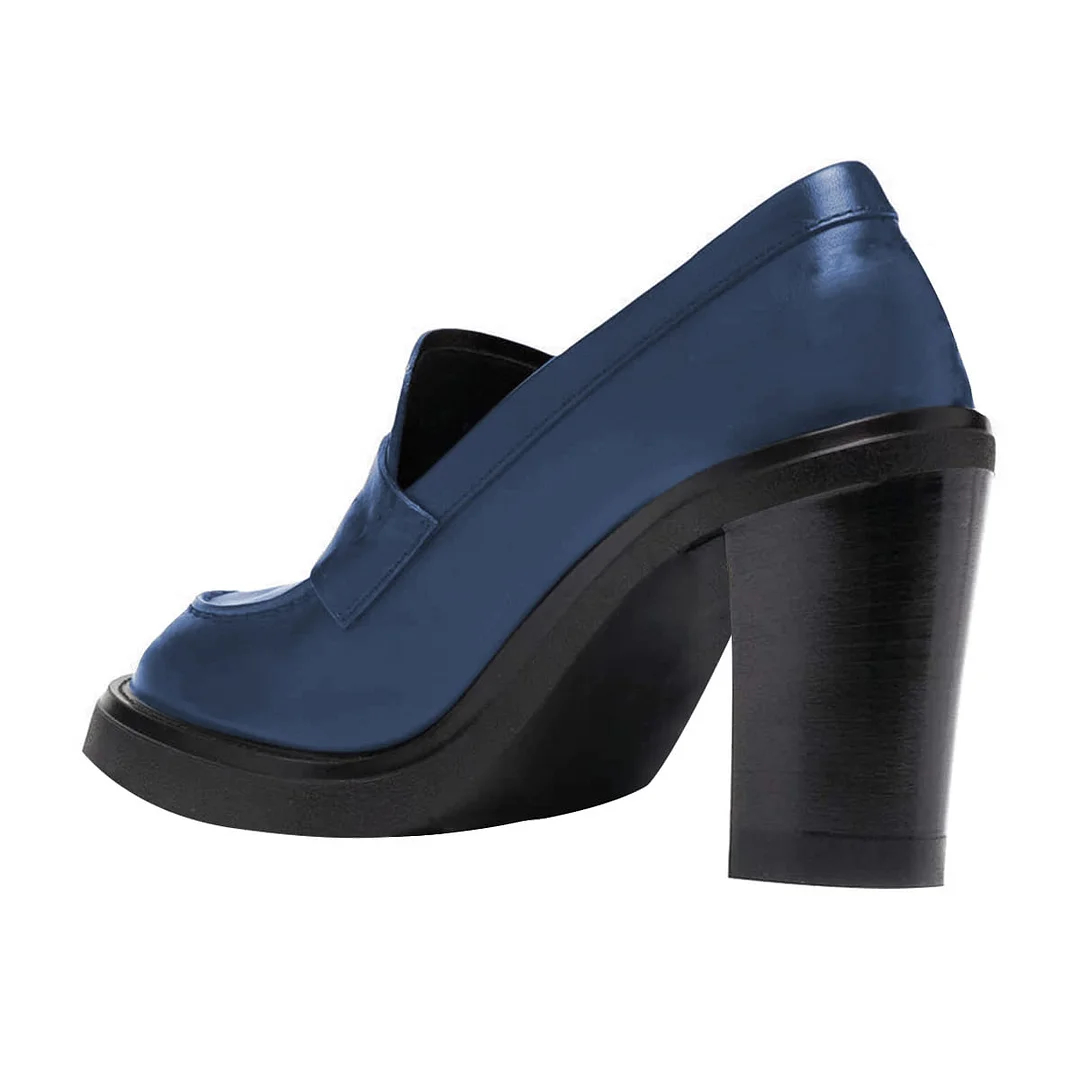 Women's Formal Blue Vegan Leather Round Toe Block Heel Loafers